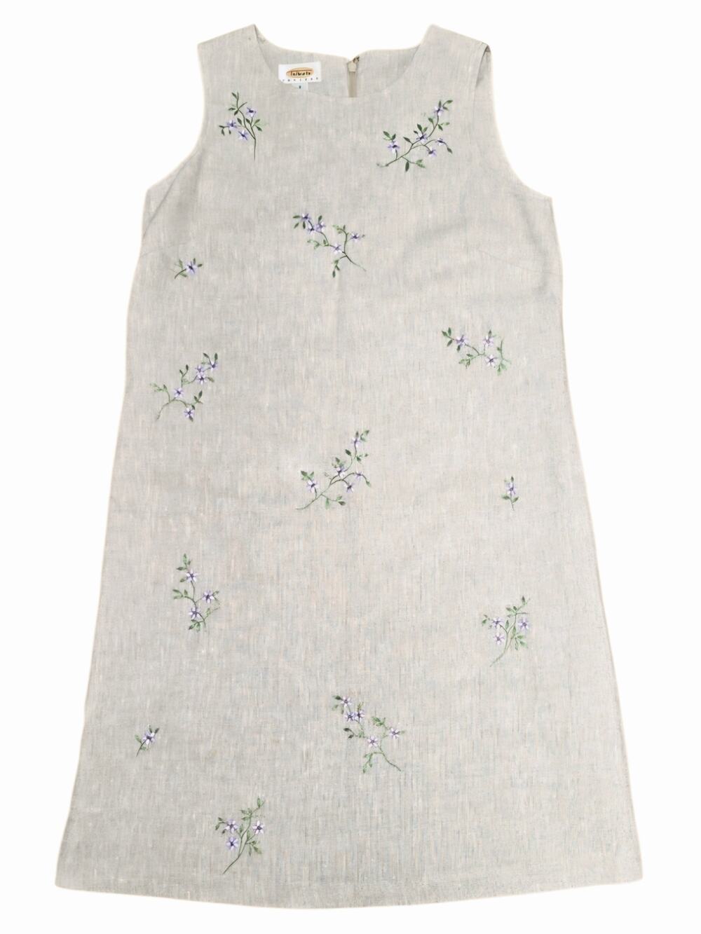 Talbots Linen Sleeveless Shift Dress Floral Embroidered Beige 8P Wedding Guest